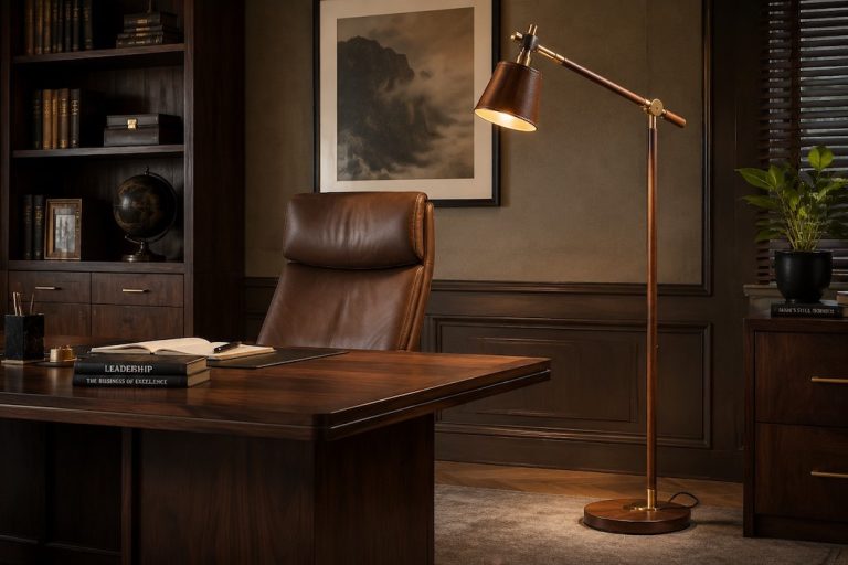 Executive Office Elegance: Walnut & Leather Task Floor Lamp