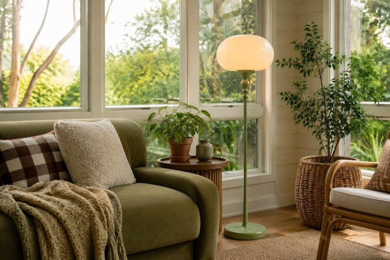 Stylish Sunroom: Milk Glass Floor Lamp and Cozy Sofa